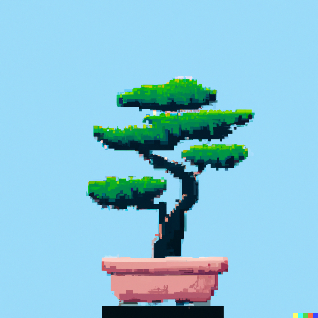 Bonsai creato da AI che rappresenta una pianta in vaso in pixel art alt ><